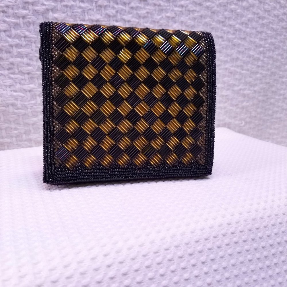 Lancome Paris Small Black & Gold Bead Clutch with Shoulder Strap Purse.